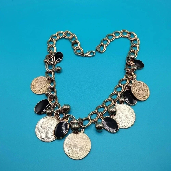 NECKLACE Gold Tone Chain w/Coins Black/Gray Oval/Gold Round Beads, 18" - Picture 2 of 4
